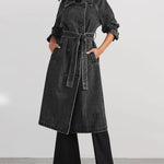 Retro Mid-length Denim Jacket Loose Fit Double-breasted Denim Jacket Windbreaker with Belt