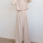 Lounge Set Casual Long Sleeve Crop Pullover Top High Waist Wide Leg Pants Two Pieces Suits