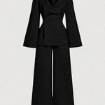 Long Sleeves Solid Color Split-Joint Tied Waist V-Neck Blouses&Shirts Tops