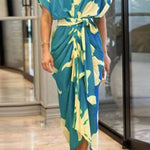 V-Neck Pleated Belt Short Sleeve Dress