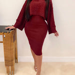 Women's Rib knit Sweater Skirt Two Piece Set Outifts Long Sleeve Turtleneck Sweaters and Tank Midi Dresses