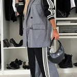 Pleasant Breathe Sweatshirt Patchwork Oversized Blazer and Elastic Waist Pocket Loose Pants Set