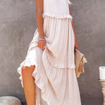 Vittoria Shirred Ruffle Tiered Maxi Halter Dress