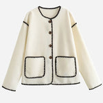 Nadorine Buttoned Crew Neck Loose Color Block Knitted Jacket