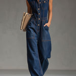 Casual Retro Multi-pocket Topstitching Dark Blue Denim Sleeveless Balloon Jumpsuit