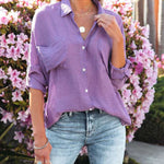 Nadorine Solid Color V Neck Long Sleeve Button Down Blouse with Pockets