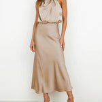 Long Formal Satin Dress Mock Neck High Neck Evening Dress