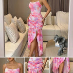 Women’s Tie Dye Mesh Cami Dress Square Neck Asymmetric Ruffle Hem Slit Maxi Dress
