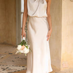 Perfectly Yours High Neck Elastic Waist Satin Drape Maxi Dress