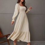 Solid Color Long Sleeve Dress Square Neck Lotus Leaf Maxi Dress