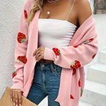 Pink Casual Strawberry Pattern Knit Cardigan