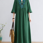 Loose Embroidered Floral Cotton Linen V-Neck 3/4 Sleeve Dress