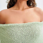 Marisol Ribbed Boucle Material Draped Off Shoulder Stretch Vacation Maxi Dress