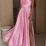 Solid Color Suspender Back Pleated Elegant Slit Full Hem Maxi Dress