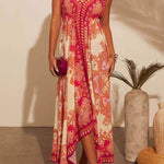 Elegant Off-Shoulder V-Neck Suspender Print Swing Dress