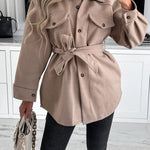 Lhoib Lace Up Solid Pocket Buttoned Long Sleeve Jacket