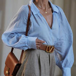 All Round Comfort Linen Blend V-neck Balloon Sleeve Loose Blouse