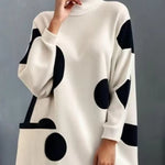 Long Sleeves Loose Pockets Polka-Dot High Neck Midi Dresses