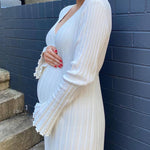 Long Sleeve Dress V-Neck Knit Maxi Dress Ribbed Elegant Long High Waist Pleated Dresses