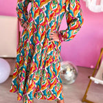 Multicolor Abstract Geometric Print Notch Neck Tiered Boho Dress