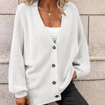 Nadorine Women's Button Down Horizontal-Ribbing Longline Cardigan