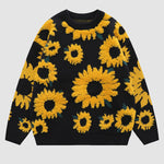 Sunflower Pattern Embroidery Knit Sweater Casual Loose Round Neck Unisex Sweater