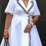 A-Line Half Sleeves Buttoned Contrast Color Pleated Notched Collar Midi Dresses