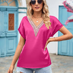 Short Sleeve V Neck Blouse Top Lace Trim Casual Summer Tee Shirt