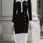 High Waisted Long Sleeves Buttoned Contrast Color Split-Front Split-Joint Lapel Midi Dresses