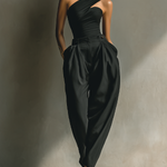 Women's Black High-stretch Knit One-Shoulder Top & High-waist Tapered Pleated Pants