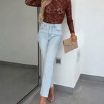 Women's Sexy Sheer Lace Top Long Sleeve O-Neck Slim Fit See-Through Elegant Blouse Base Layer Shirt