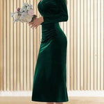 Solid Velvet Long Sleeve V Neck Slim Fit Fishtail Maxi Dress