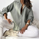 Nadorine Solid Loose Single breasted Full Pull Long Sleeve Blouse Polo Pocket Tops