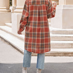 Nadorine Plaid Longline Button-Up Shacket Lapel Neck Long Sleeve Shirt Pocket