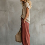 Retro Short-sleeved Knit Top And Brick Red Cotton Linen Wide-leg Pants Set