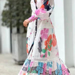 Floral Print Lace Paneled Single Breasted Long Sleeved Maxi Dress