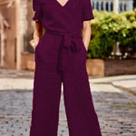 SHORT SLEEVE SOLID COLOR LACE-UP V NECK SOFT ROMPER JUMPSUIT