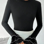 Flared Sleeves Long Sleeves Split-Joint Tiered Round-Neck T-Shirts Tops