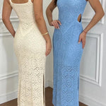 Zafina Crochet Knit Cutout Waist Texture Slit Stretch Maxi Dress
