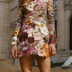 Elegantly Enchanted Floral Applique Backless Long Sleeve Mini Dress