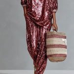 Women's Burgundy Glamorous Sequin Striped - Trimmed Oversized Loungewear Set
