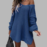 Loose Mid-length Off-shoulder V-neck Slit Knitted Sweater