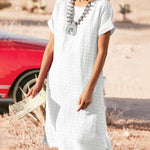 Short Sleeve Pure Color Split Crew Neck Basic Loose Fit Midi Dress