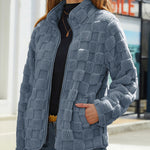 Long-sleeved Zippered Cardigan Loose Solid Color Checkered Plush Jacket