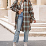 Nadorine Plaid Longline Button-Up Shacket Lapel Neck Long Sleeve Shirt Pocket