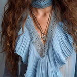 Powder Blue Lace Trim & Ruffled Pleated Chiffon Blouse
