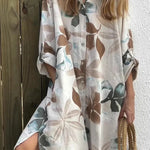 Botanical Print Long-sleeve Pocketed Single-breasted Loose Shirt Style Midi Dress