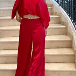 Off-the-shoulder batwing sleeve wide-leg pants suit