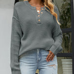 Waffle Knit Long Sleeve Side Slit Button Pullover Jumper Sweater