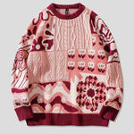 Vintage Floral Pattern Stitching Knit Sweater Casual Loose Round Neck Unisex Sweater